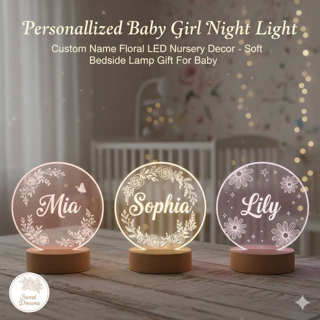 Personalized Baby Girl Night Light – Custom Name Floral LED Nursery Lamp &amp; Adorable Baby Gift for 2025