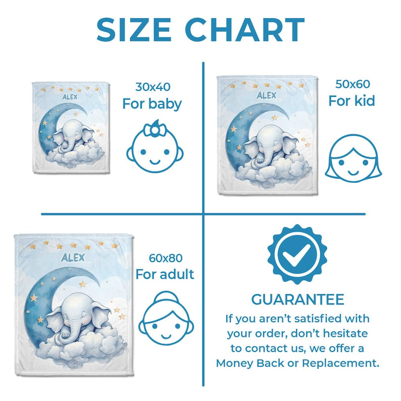 Personalized Elephant Baby Blanket Sleeping Moon Custom Name Soft Baby Blanket Gift For Baby