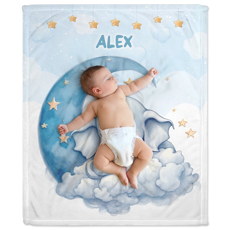Personalized Elephant Baby Blanket Sleeping Moon Custom Name Soft Baby Blanket Gift For Baby
