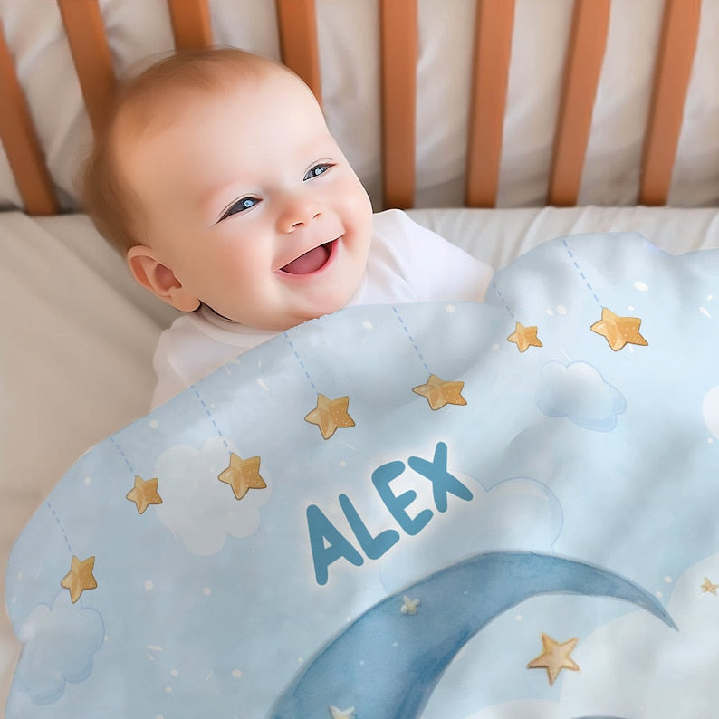 Personalized Elephant Baby Blanket Sleeping Moon Custom Name Soft Baby Blanket Gift For Baby