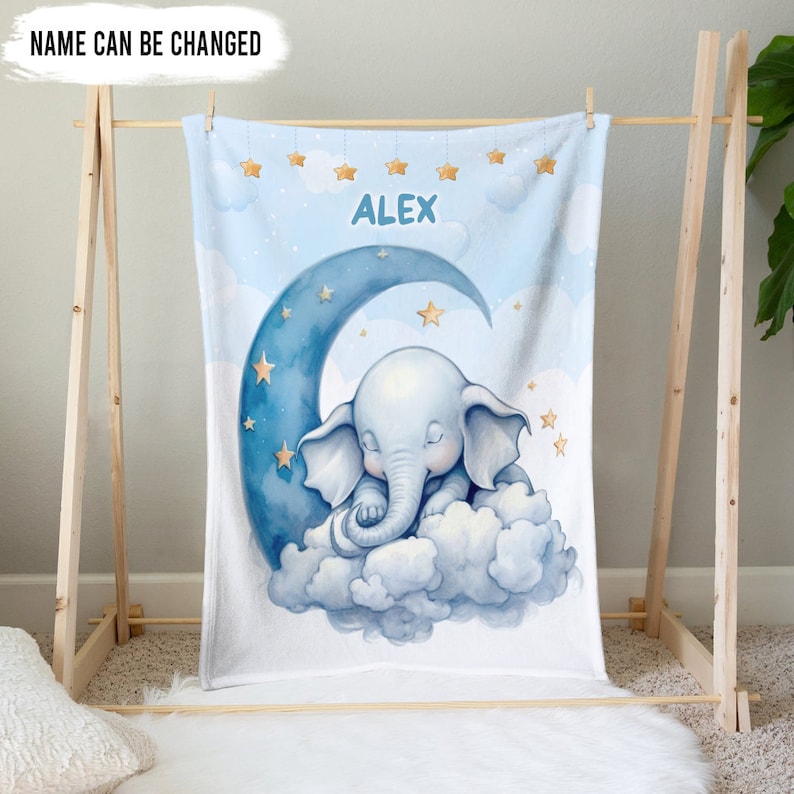 Personalized Elephant Baby Blanket Sleeping Moon Custom Name Soft Baby Blanket Gift For Baby
