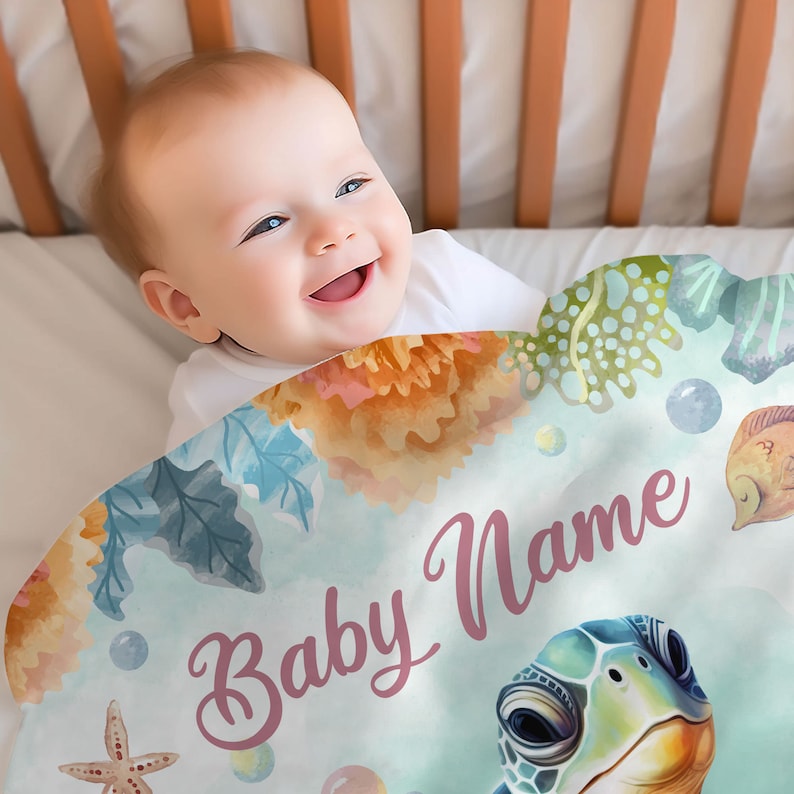 Personalized Sea Turtle Baby Blanket Floral Turtle Swaddle Blanket With Custom Name Soft Baby Blanket Gift For Newborn