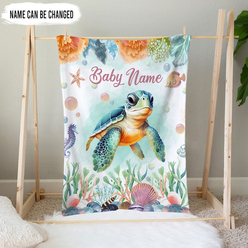 Personalized Sea Turtle Baby Blanket Floral Turtle Swaddle Blanket With Custom Name Soft Baby Blanket Gift For Newborn