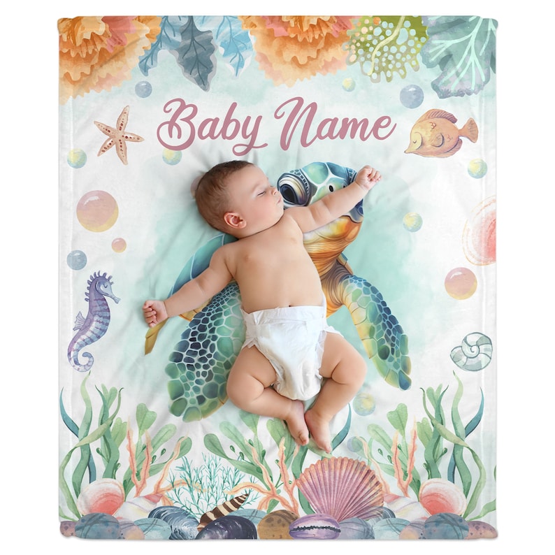 Personalized Sea Turtle Baby Blanket Floral Turtle Swaddle Blanket With Custom Name Soft Baby Blanket Gift For Newborn