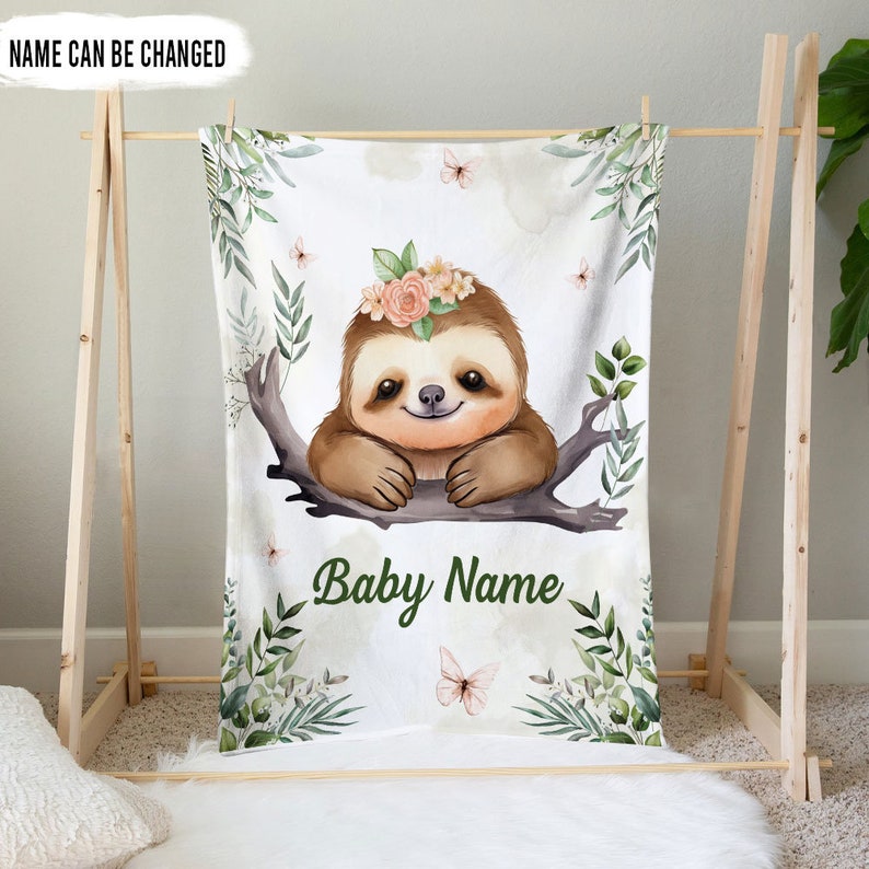 Personalized Sloth Baby Name Blanket Custom Name Newborn Swaddle Soft Baby Blanket Gift For Baby