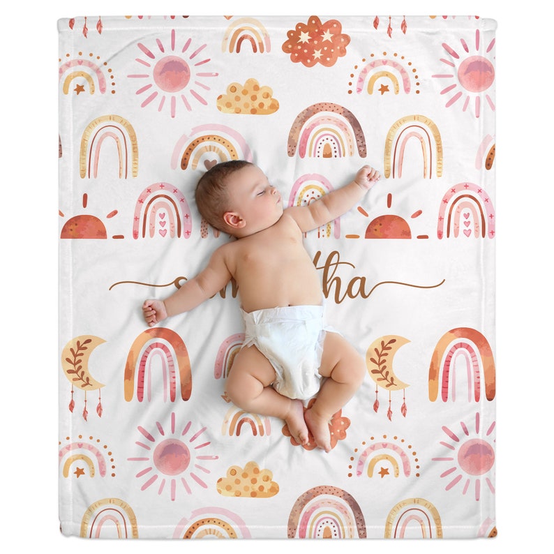 Personalized Baby Name Blanket Boho Rainbow Heart Custom Soft Baby Blanket Gift For Mom