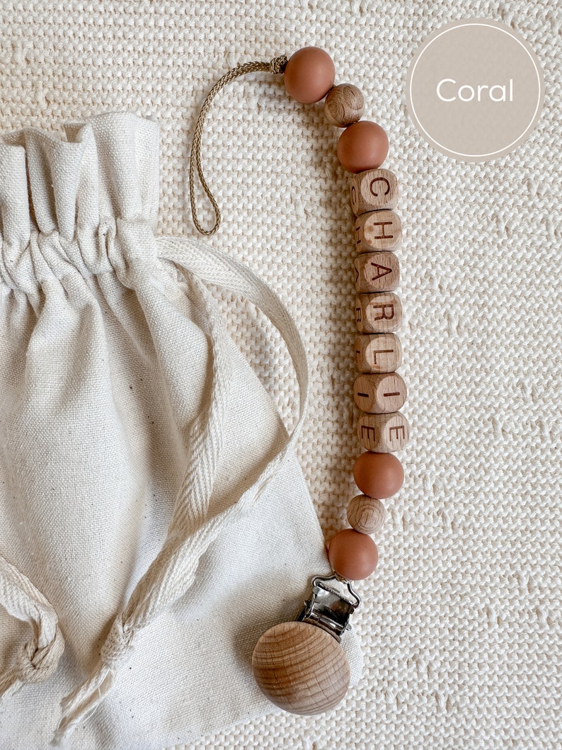 Personalized Pacifier Clip Custom Wooden Binky Holder Neutral Baby Dummy Clip Soft Soother Holder Gift For Newborn