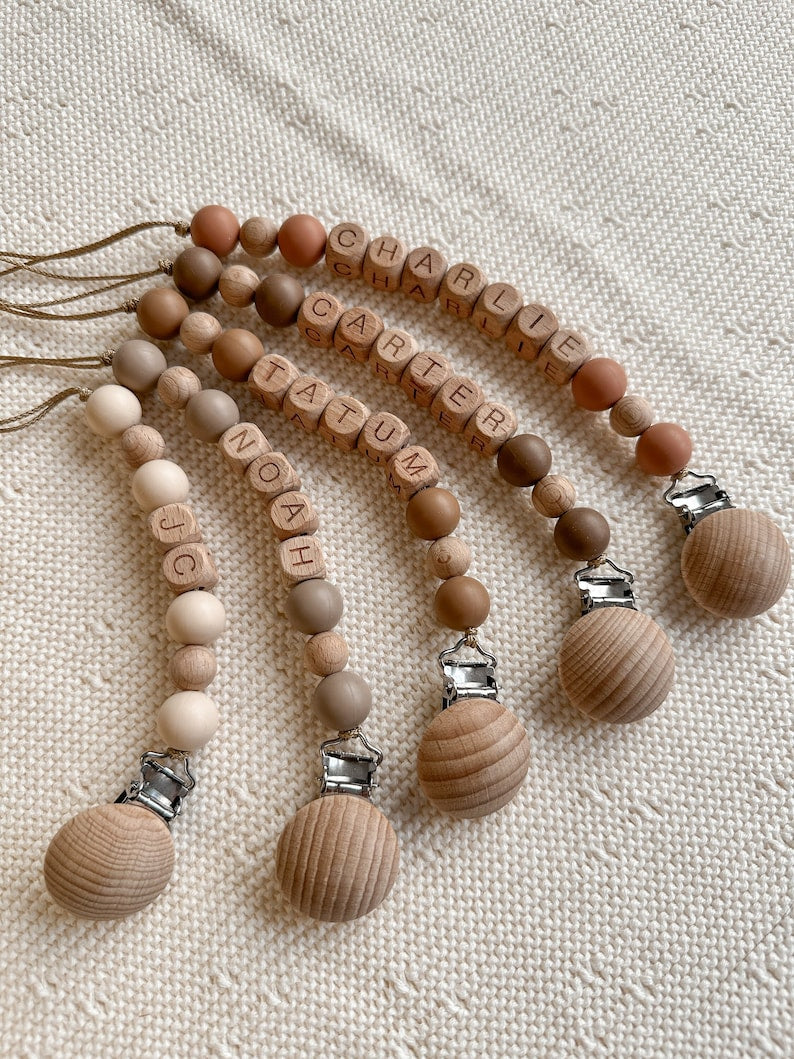 Personalized Pacifier Clip Custom Wooden Binky Holder Neutral Baby Dummy Clip Soft Soother Holder Gift For Newborn