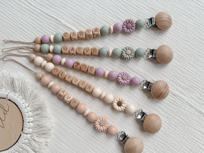 Personalized Pacifier Clip Custom Newborn Soother Holder Daisy Flower Binky Chain Soft Dummy Clip With Name Gift For Newborn