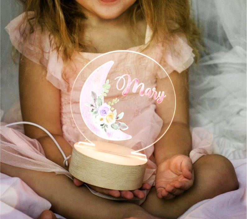 Personalized Baby Girl Moon Night Light Custom Name LED Nursery Lamp Soft Bedside Light Gift For Baby