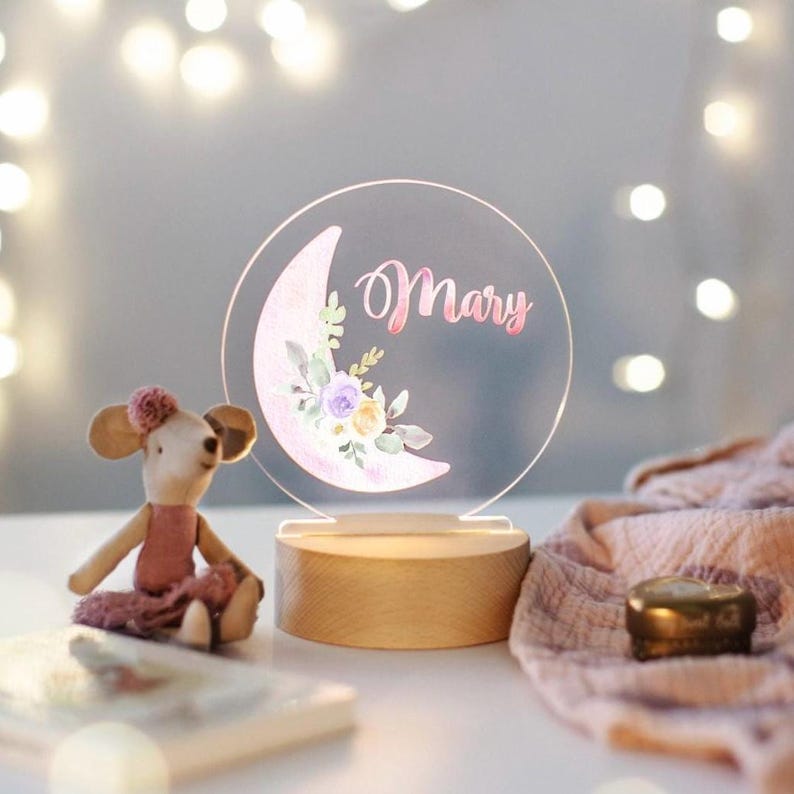 Personalized Baby Girl Moon Night Light Custom Name LED Nursery Lamp Soft Bedside Light Gift For Baby