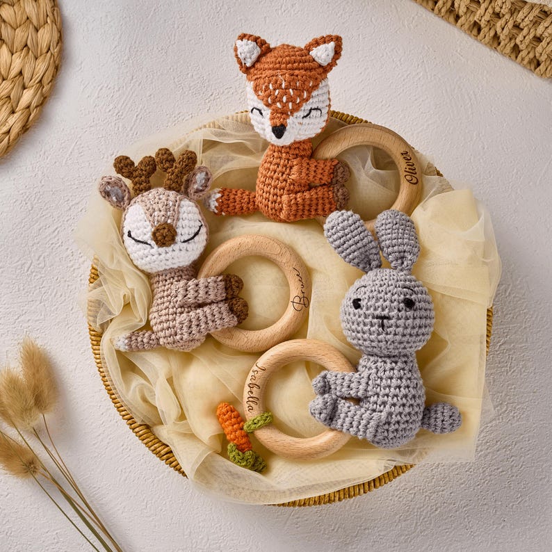 Personalized Animal Baby Crochet Rattle Custom Handmade Soft Rattle Toy Gift For Newborn