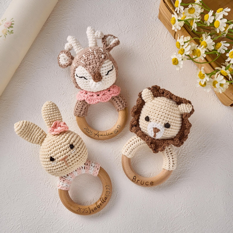 Personalized Crochet Animal Baby Rattle Handmade Cotton Soft Rattle Toy Gift For Newborn