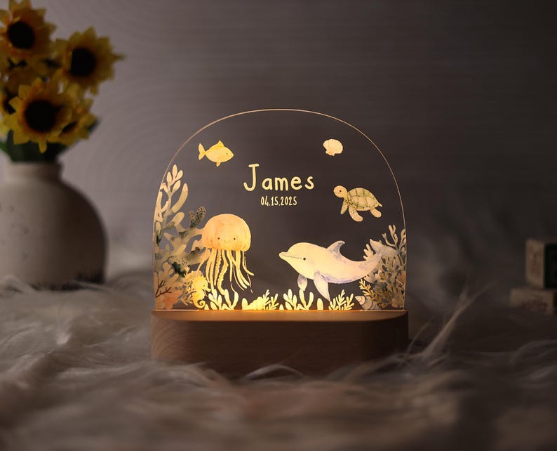 Personalized Sea Animals Baby Night Light Under The Sea Ocean LED Nursery Lamp Gift For Baby