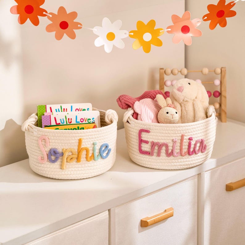 Personalized Handwoven Cotton Baby Basket I Cord Knitting Custom Soft Nursery Storage Basket Gift For Baby
