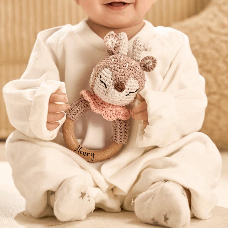 Personalized Crochet Animal Baby Rattle Organic Cotton Handmade Soft Rattle Toy Gift For Newborn