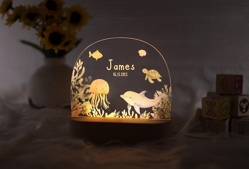 Personalized Sea Animals Baby Night Light Under The Sea Ocean LED Nursery Lamp Gift For Baby