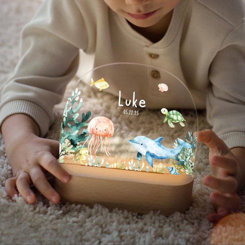 Personalized Sea Animals Baby Night Light Under The Sea Ocean LED Nursery Lamp Gift For Baby