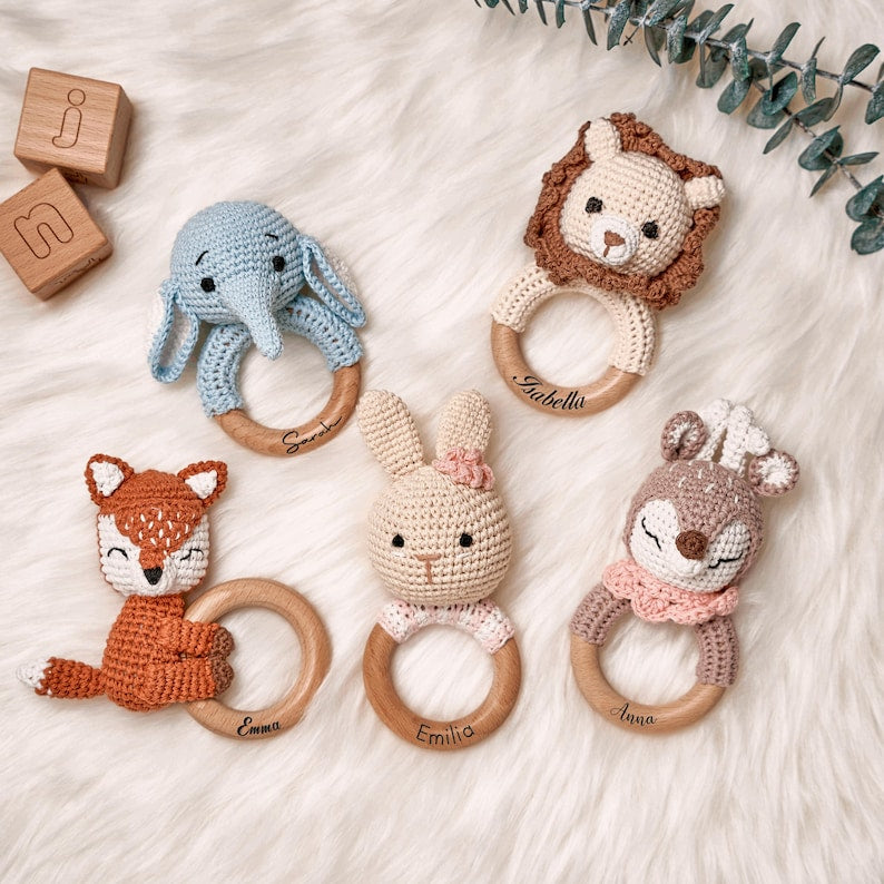 Personalized Animal Crochet Baby Rattle Custom Handmade Soft Rattle Toy Gift For Baby