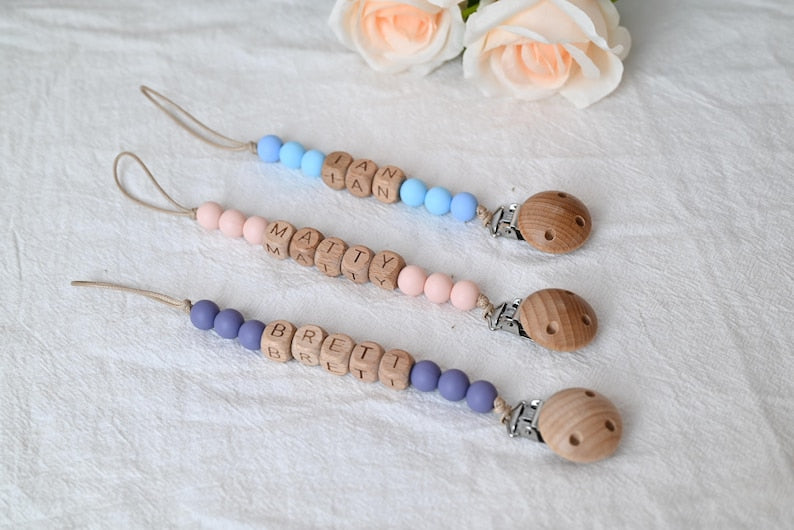 Personalized Pacifier Clip And Rattle Set Custom Baby Shower Gift Pastel Binky Holder Wooden Dummy Chain Soft Baby Set Gift For Newborn