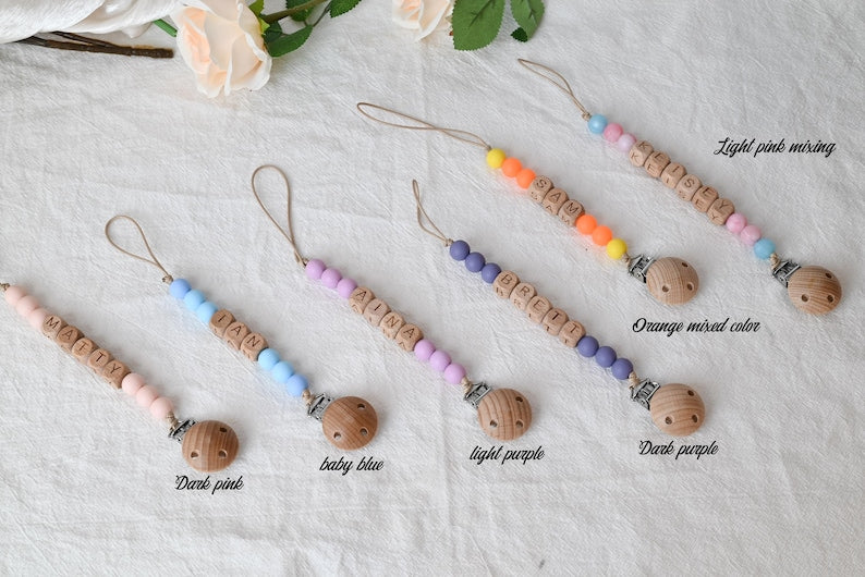 Personalized Pacifier Clip And Rattle Set Custom Baby Shower Gift Pastel Binky Holder Wooden Dummy Chain Soft Baby Set Gift For Newborn