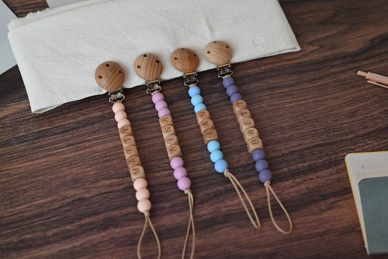 Personalized Wooden Pacifier Clip Custom Dummy Clip Soft Soother Holder Binky Clip Pacifier Holder Gift For Newborn