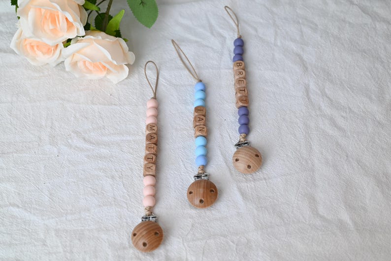 Personalized Pacifier Clip And Rattle Set Custom Baby Shower Gift Pastel Binky Holder Wooden Dummy Chain Soft Baby Set Gift For Newborn