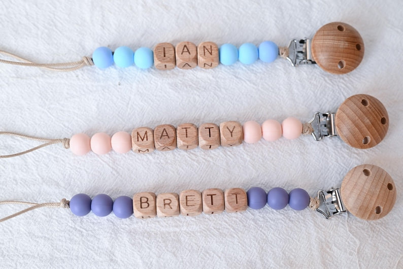 Personalized Pacifier Clip And Rattle Set Custom Baby Shower Gift Pastel Binky Holder Wooden Dummy Chain Soft Baby Set Gift For Newborn