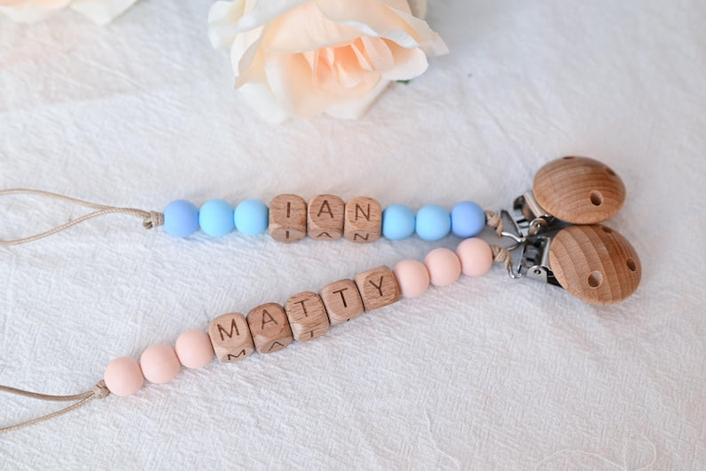 Personalized Pacifier Clip And Rattle Set Custom Baby Shower Gift Pastel Binky Holder Wooden Dummy Chain Soft Baby Set Gift For Newborn