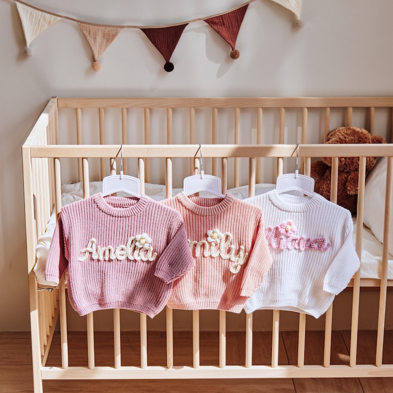 Personalized Baby Name Sweater Custom Knit Crochet Baby Sweater Embroidered Name Soft Knit Baby Jumper Gift For Baby