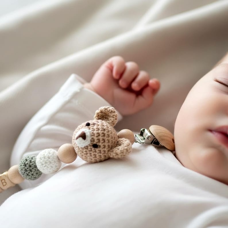 Personalized Crochet Animal Pacifier Clip Handmade Custom Baby Name Soft Dummy Holder Gift For Newborn