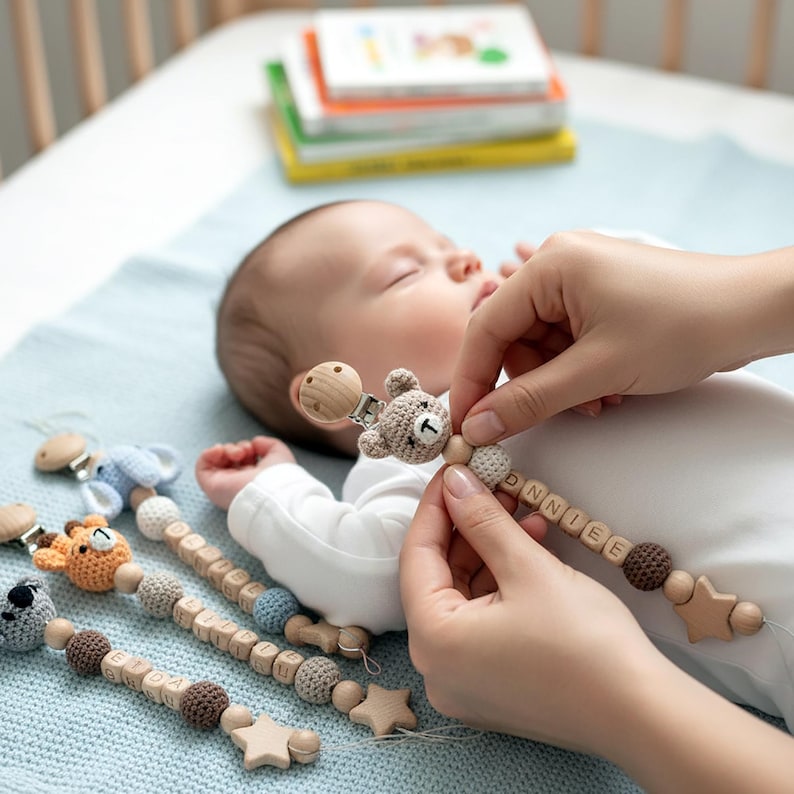 Personalized Baby Pacifier Clip Handmade Animal Dummy Holder Chain Custom Name Soft Soother Clip Gift For Newborn