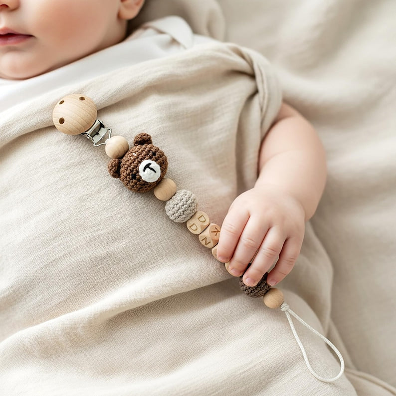 Personalized Pacifier Clip Custom Name Crochet Animal Wooden Dummy Soother Holder Soft Baby Clip Gift For Newborn