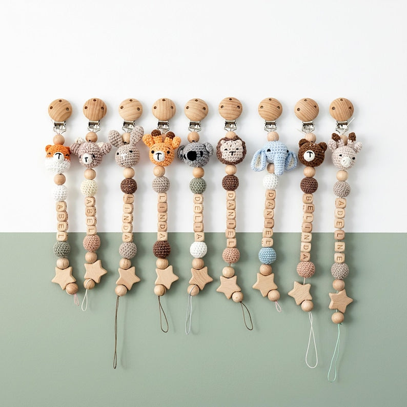 Personalized Pacifier Clip Custom Name Crochet Animal Wooden Dummy Soother Holder Soft Baby Clip Gift For Newborn