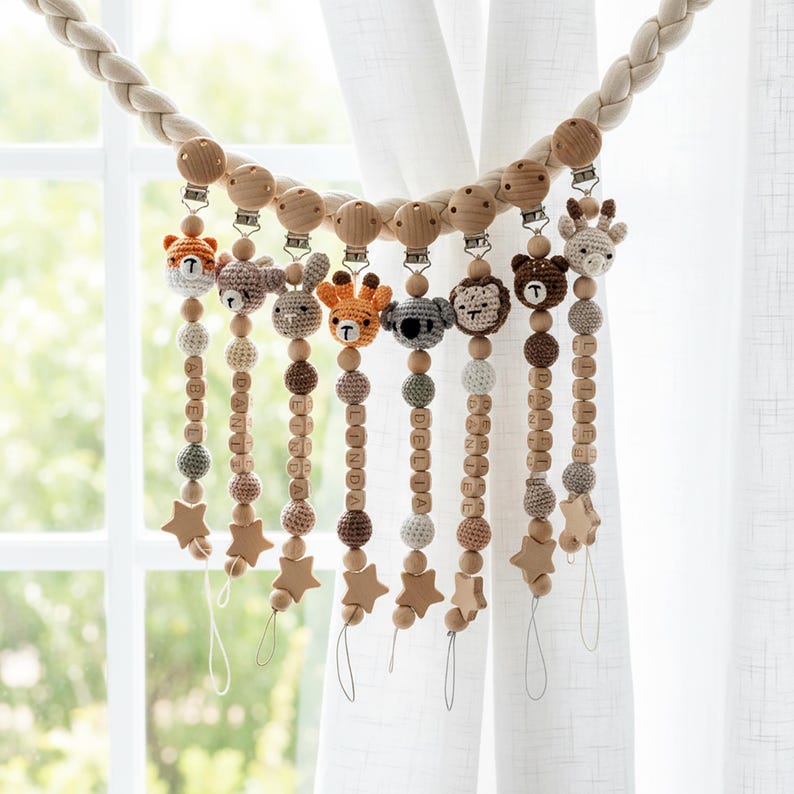 Personalized Pacifier Clip Custom Name Crochet Animal Wooden Dummy Soother Holder Soft Baby Clip Gift For Newborn