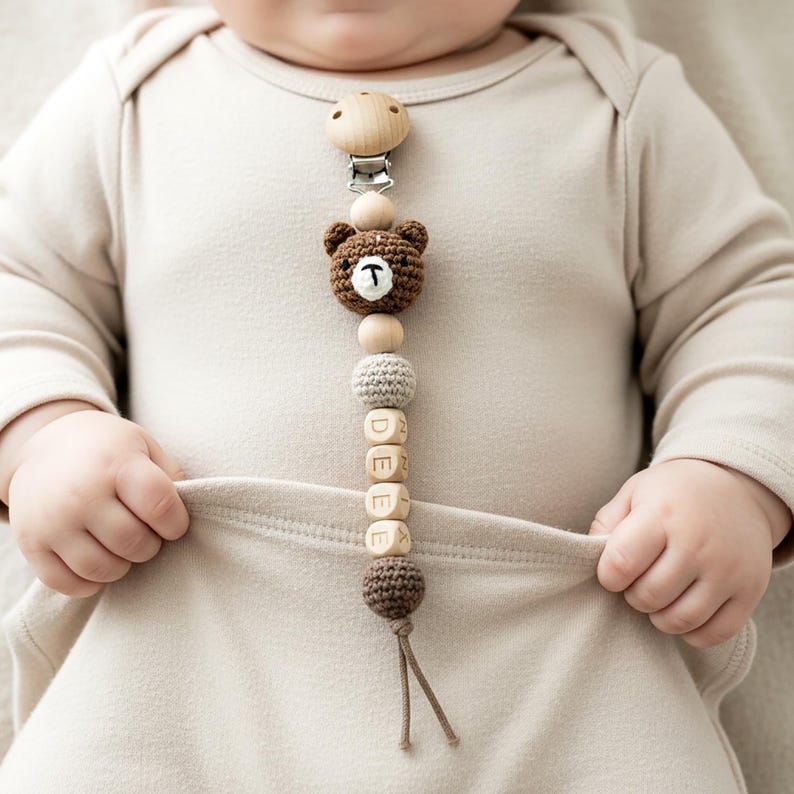 Personalized Pacifier Clip Custom Name Crochet Animal Wooden Dummy Soother Holder Soft Baby Clip Gift For Newborn