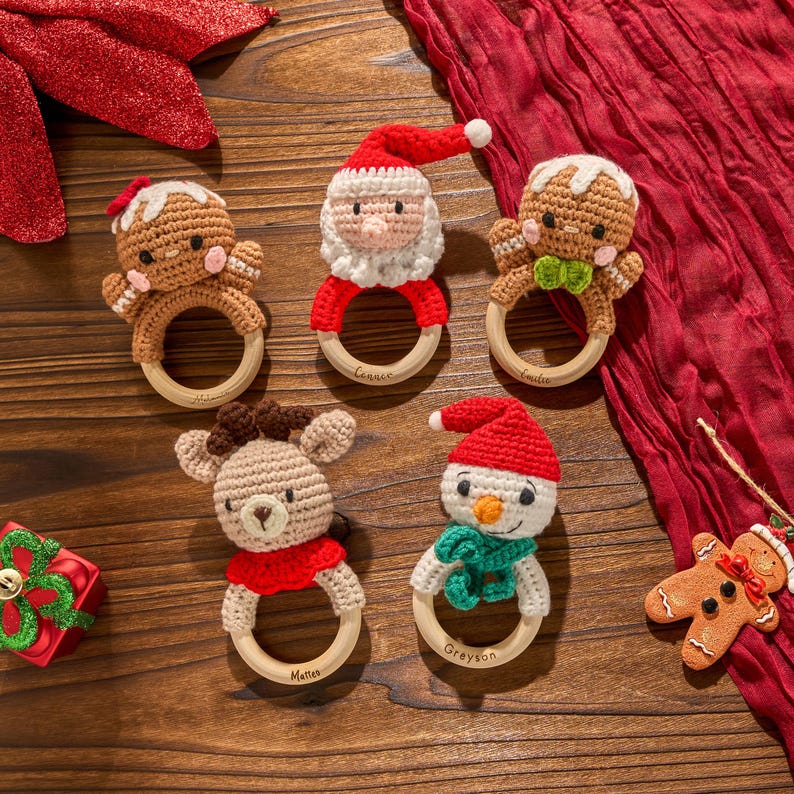 Personalized Christmas Crochet Baby Rattle Animal Design Custom Handmade Soft Rattle Gift For Newborn
