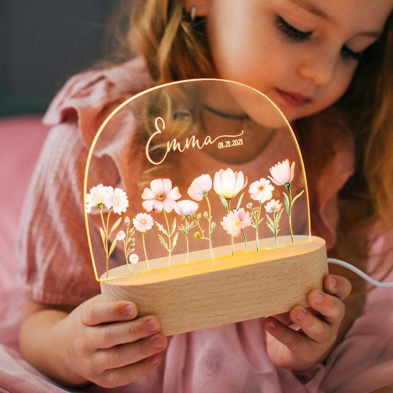 Personalized Baby Girl Night Light Custom Name Floral LED Nursery Decor Soft Bedside Lamp Gift For Baby