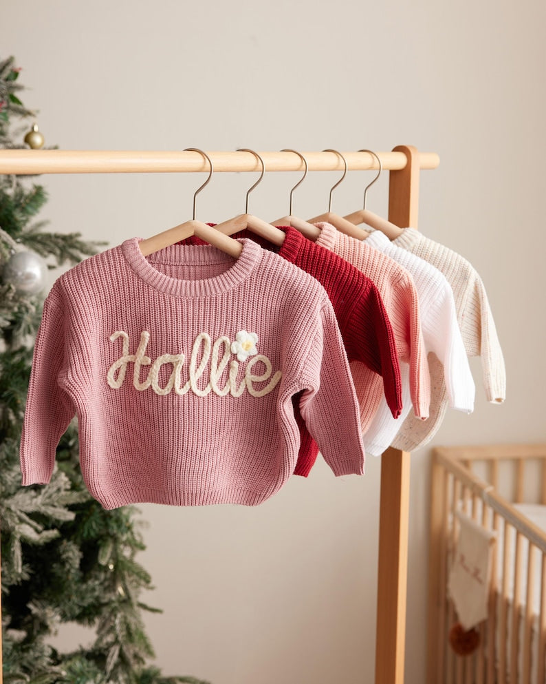 Personalized Christmas Baby Name Sweater Custom Knit Crochet Baby Sweater Embroidered Name Soft Knit Baby Jumper Gift For Baby